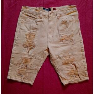 Makobi Men Denim Shorts 34 Peach Distressed Designer Stretch Zip Up 5 Pockets